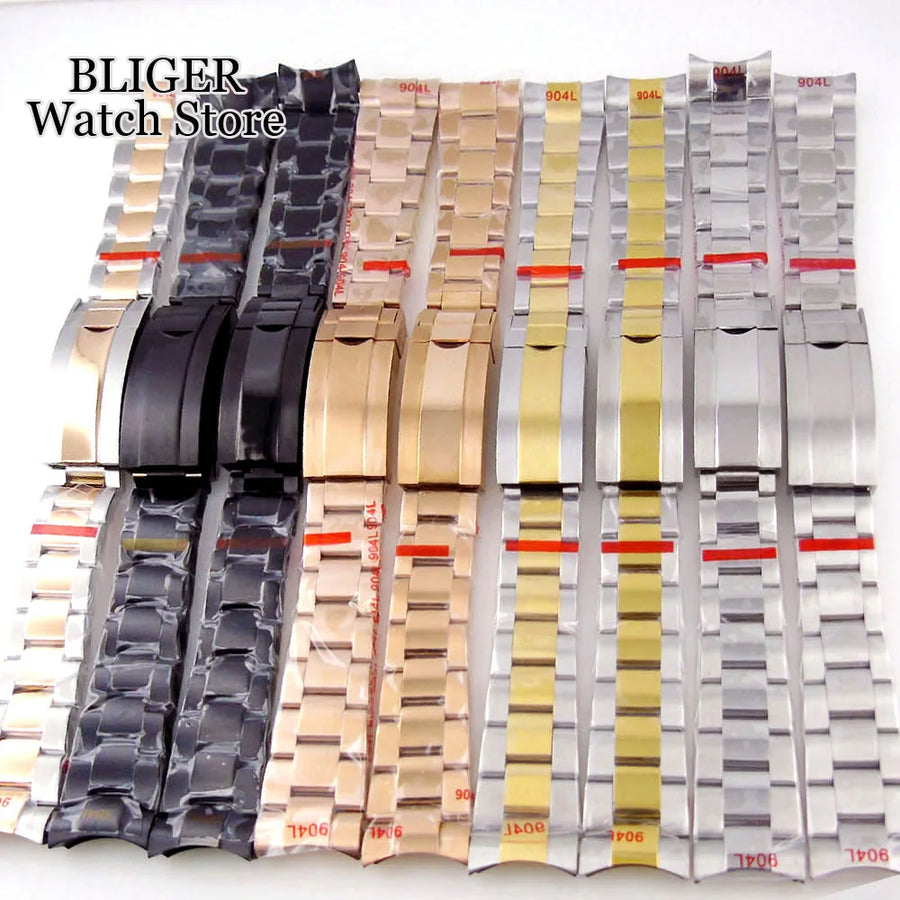 BLIGER Silver Black 20mm Width Stainless Steel Jubilee Watch Strap Bracelet Two Tone Gold/Rose Gold Glide Lock Clasp