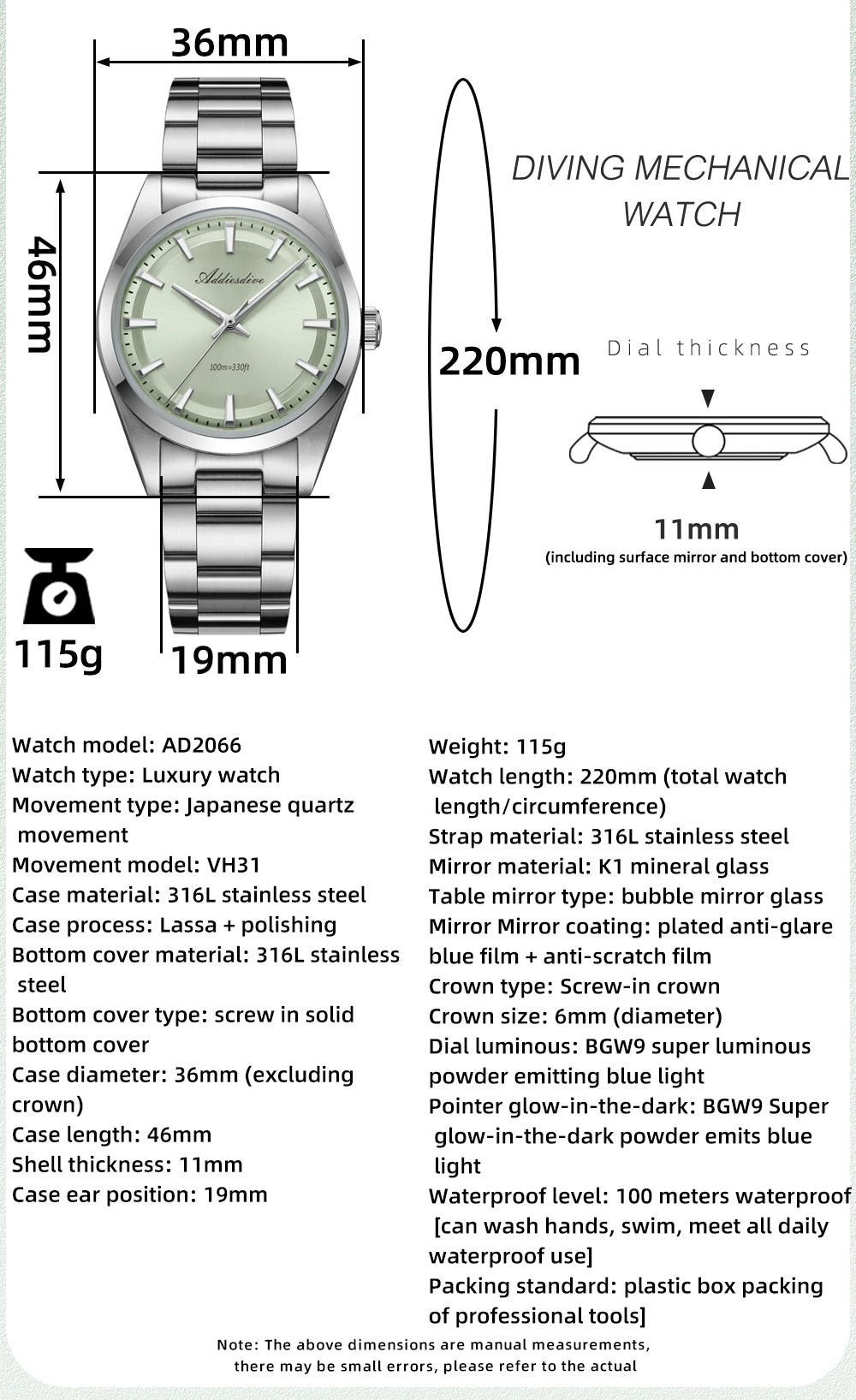 ADDIESDIVE Men's Dress Watch 36mm 10Bar Waterproof Stainless Steel BGW9 Super Luminous Quartz Movement with Bubble Mirror Glass