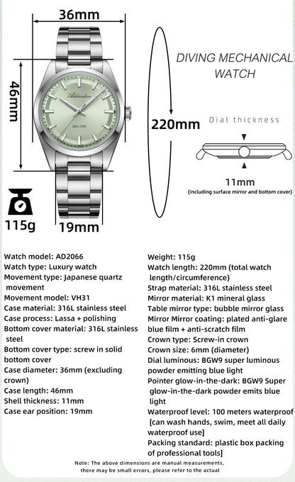 ADDIESDIVE Men's Dress Watch 36mm 10Bar Waterproof Stainless Steel BGW9 Super Luminous Quartz Movement with Bubble Mirror Glass
