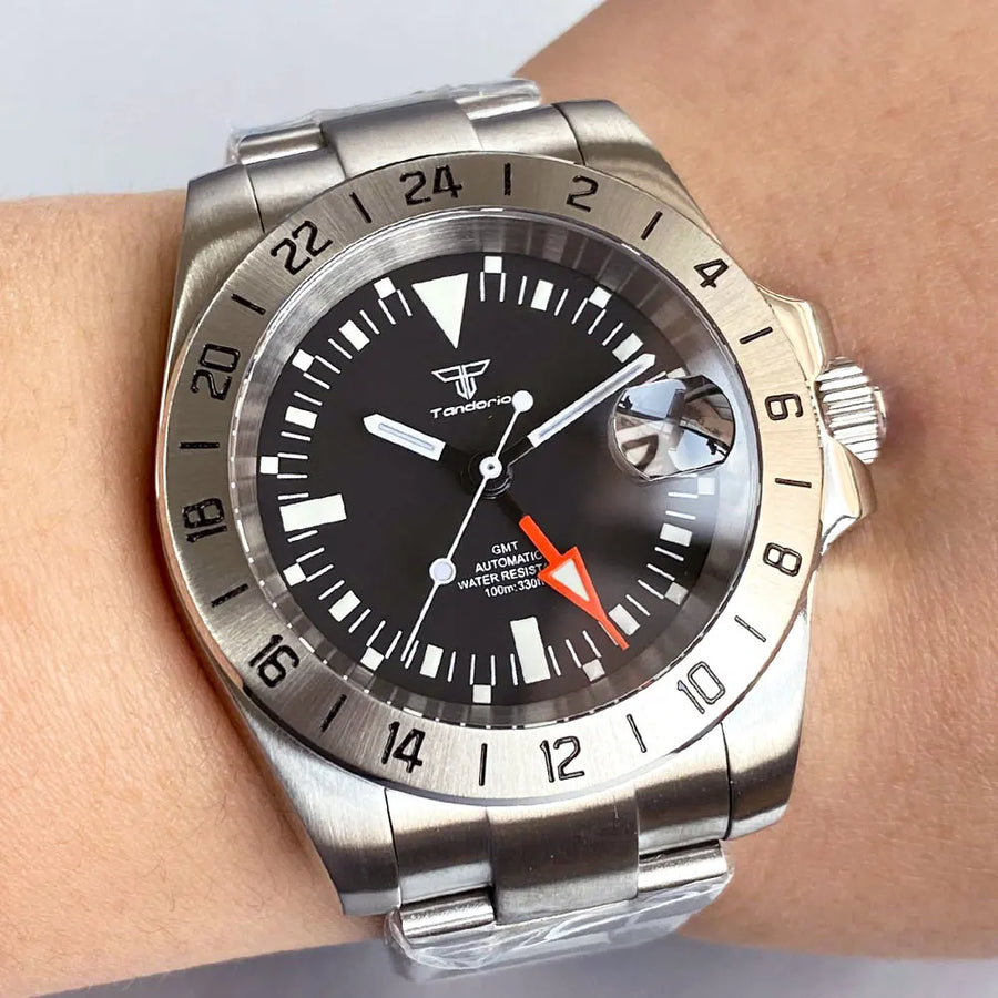 39mm Tandorio 200M Diving NH34 GMT Sapphire Glass Black Dial Luminous Mechanical Watch Men Steel Bracelet Business Dress Clock