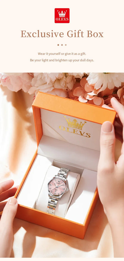 OLEVS 3668 Luxury Stainless Steel Quartz Watch for Women Waterproof Roman Numeral Date Display round Dial Push Button Hidden Clasp