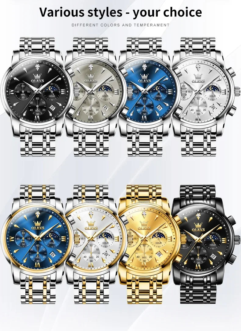 OLEVS 3639 Men's Luxury Quartz Watch Stainless Steel Luminous Moon Phase Waterproof Wristwatch with Push Button Hidden Clasp