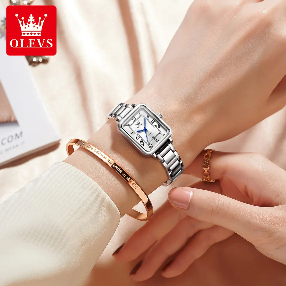 OLEVS Classic Square Women's Watch Roman Numerals Stainless Steel Band Quartz Movement Waterproof Casual Luxury Watch 5641