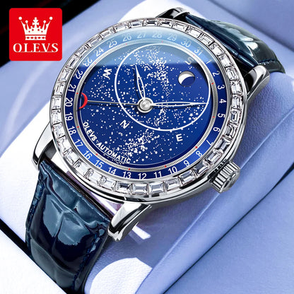 OLEVS 9923 Men's Casual Fashion Luxury Mechanical Watch Leather Strap Luminous High Quality Stainless Steel round Case Wristwatch