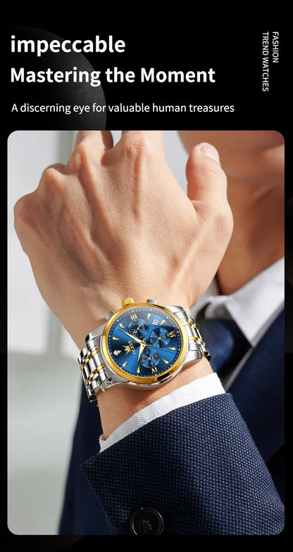 OLEVS 3639 Men's Luxury Quartz Watch Stainless Steel Luminous Moon Phase Waterproof Wristwatch with Push Button Hidden Clasp