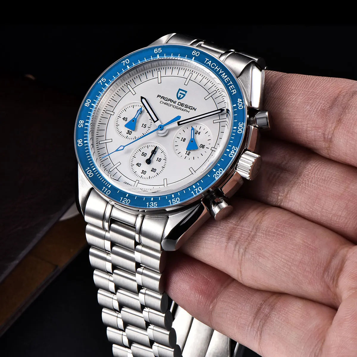 PAGANI DESIGN Men's Chronometer Quartz Watch Waterproof Luminous Red Sapphire Mirror Stainless Steel Band Fashion & Casual Wristwatch