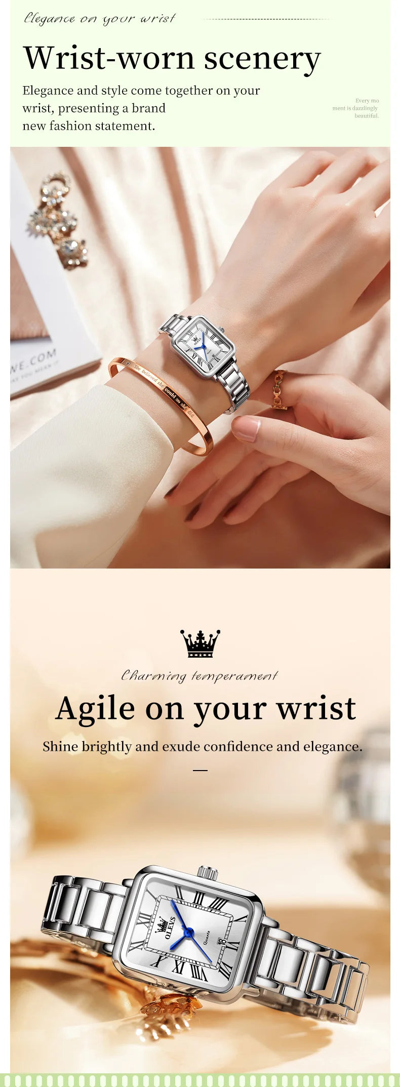 OLEVS Classic Square Women's Watch Roman Numerals Stainless Steel Band Quartz Movement Waterproof Casual Luxury Watch 5641