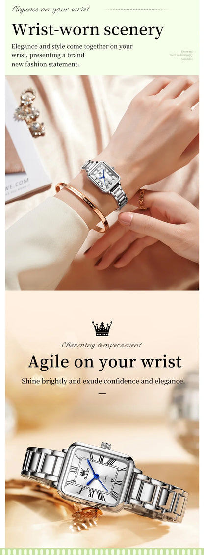 OLEVS Classic Square Women's Watch Roman Numerals Stainless Steel Band Quartz Movement Waterproof Casual Luxury Watch 5641