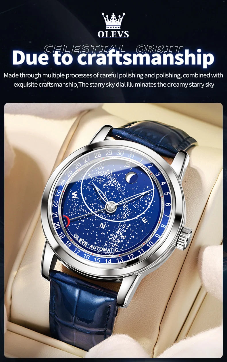 OLEVS 9923 Men's Casual Fashion Luxury Mechanical Watch Leather Strap Luminous High Quality Stainless Steel round Case Wristwatch