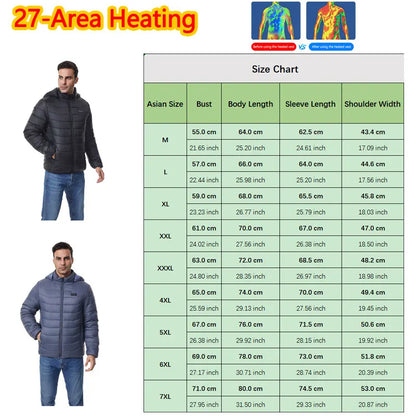Heated Jacket Thick Warm Heated Jacket 4 Control Zone 27 Men Women Winter Outdoor Ski Hiking Coat (Not Included The Power Bank)