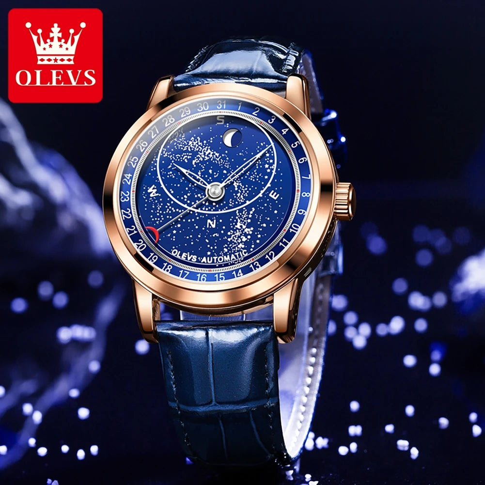 OLEVS 9923 Men's Casual Fashion Luxury Mechanical Watch Leather Strap Luminous High Quality Stainless Steel round Case Wristwatch