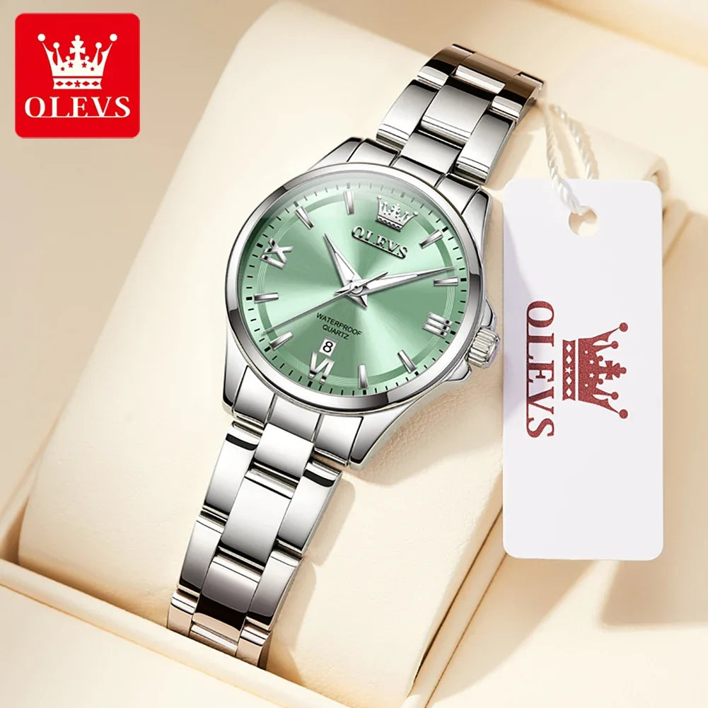 OLEVS 3668 Luxury Stainless Steel Quartz Watch for Women Waterproof Roman Numeral Date Display round Dial Push Button Hidden Clasp