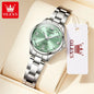 OLEVS 3668 Luxury Stainless Steel Quartz Watch for Women Waterproof Roman Numeral Date Display round Dial Push Button Hidden Clasp