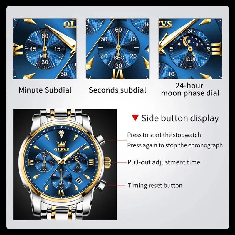 OLEVS 3639 Men's Luxury Quartz Watch Stainless Steel Luminous Moon Phase Waterproof Wristwatch with Push Button Hidden Clasp