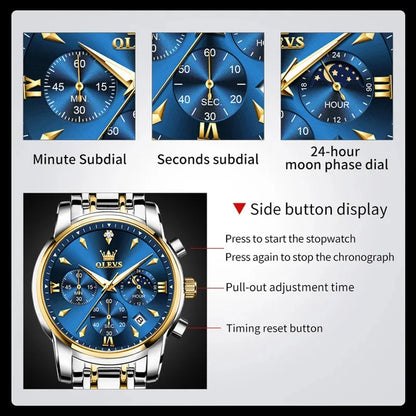 OLEVS 3639 Men's Luxury Quartz Watch Stainless Steel Luminous Moon Phase Waterproof Wristwatch with Push Button Hidden Clasp