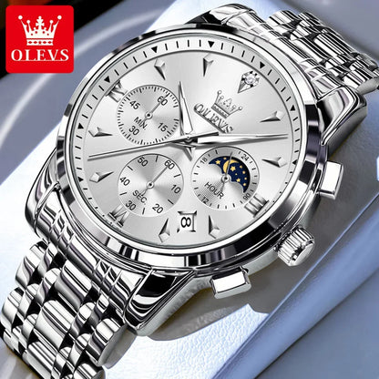 OLEVS 3639 Men's Luxury Quartz Watch Stainless Steel Luminous Moon Phase Waterproof Wristwatch with Push Button Hidden Clasp