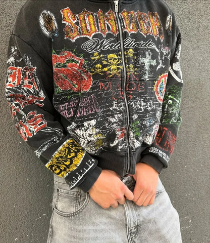 Y2k American Fashion Personality Versatile Anime Printed Zipper Hoodie Men