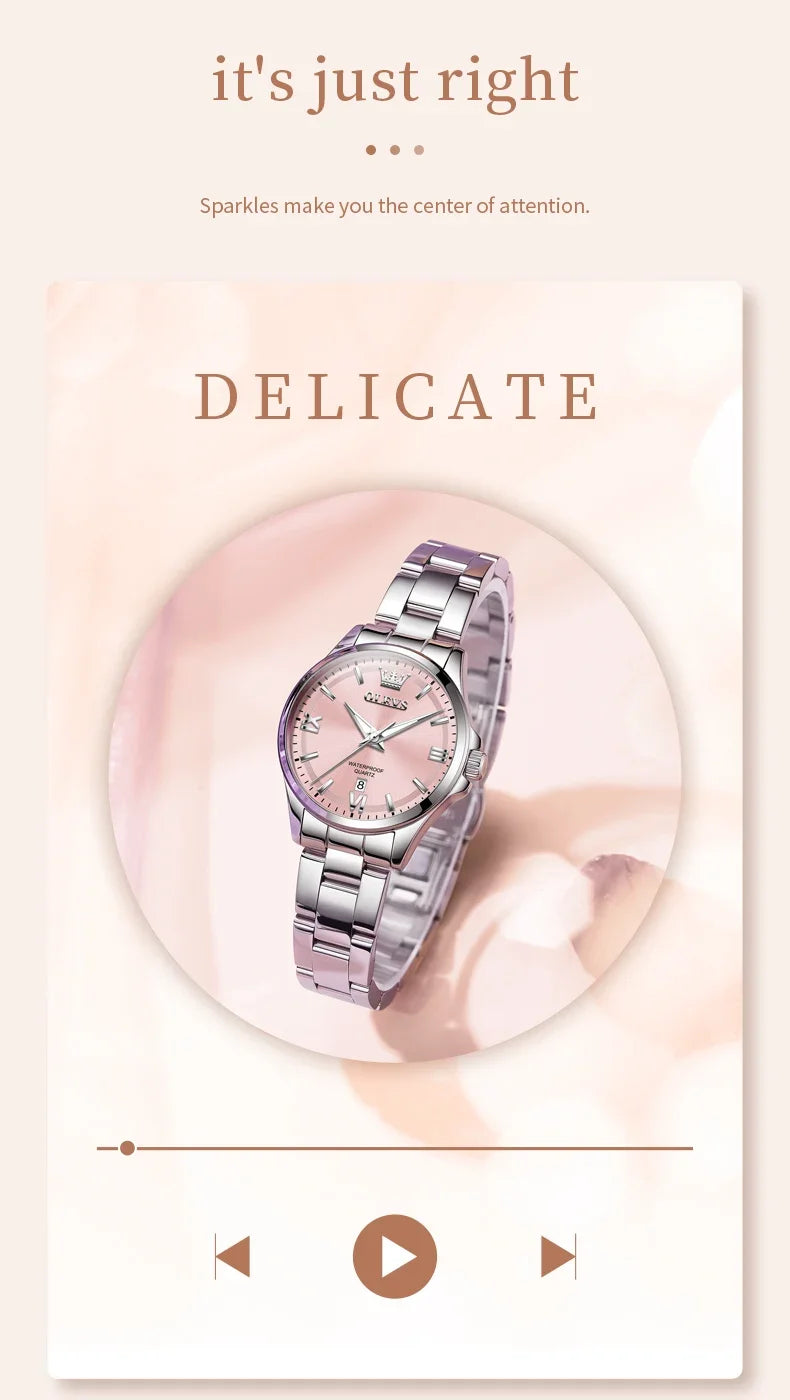 OLEVS 3668 Luxury Stainless Steel Quartz Watch for Women Waterproof Roman Numeral Date Display round Dial Push Button Hidden Clasp