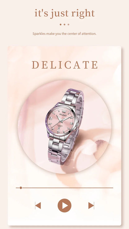 OLEVS 3668 Luxury Stainless Steel Quartz Watch for Women Waterproof Roman Numeral Date Display round Dial Push Button Hidden Clasp