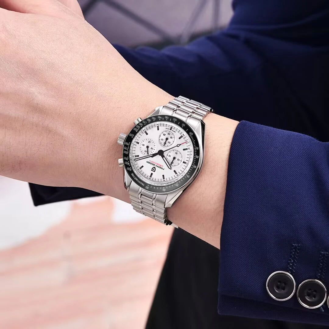 PAGANI DESIGN Men's Chronometer Quartz Watch Waterproof Luminous Red Sapphire Mirror Stainless Steel Band Fashion & Casual Wristwatch