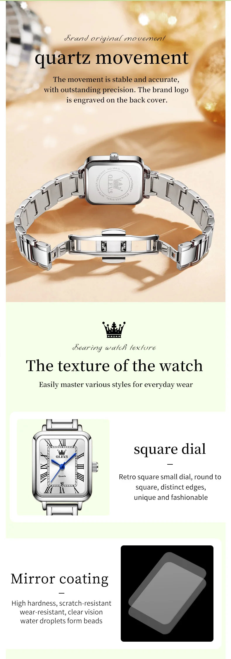 OLEVS Classic Square Women's Watch Roman Numerals Stainless Steel Band Quartz Movement Waterproof Casual Luxury Watch 5641