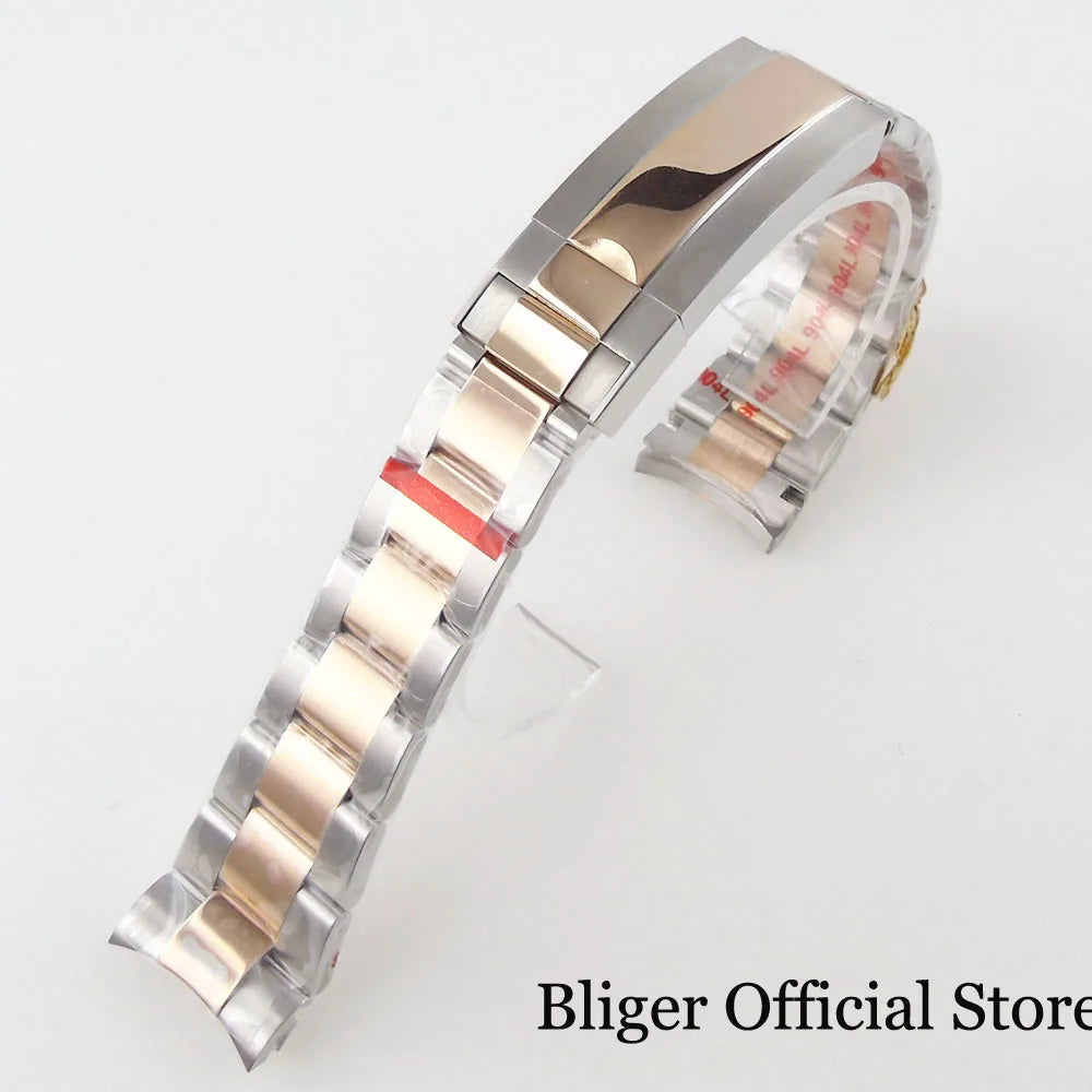 BLIGER Silver Black 20mm Width Stainless Steel Jubilee Watch Strap Bracelet Two Tone Gold/Rose Gold Glide Lock Clasp