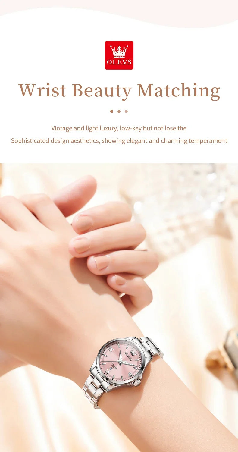 OLEVS 3668 Luxury Stainless Steel Quartz Watch for Women Waterproof Roman Numeral Date Display round Dial Push Button Hidden Clasp