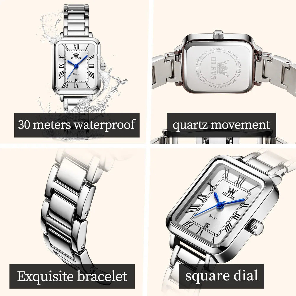 OLEVS Classic Square Women's Watch Roman Numerals Stainless Steel Band Quartz Movement Waterproof Casual Luxury Watch 5641