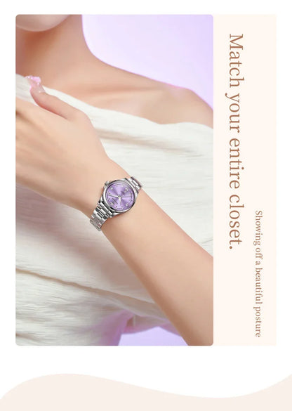 OLEVS 3668 Luxury Stainless Steel Quartz Watch for Women Waterproof Roman Numeral Date Display round Dial Push Button Hidden Clasp