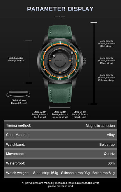 FOXBOX Watch Personalized Fashion Floating Magnetic Pointer Free Ball Bearing Creative Simple Waterproof Quartz Watch for Men