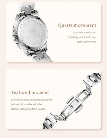 OLEVS 3668 Luxury Stainless Steel Quartz Watch for Women Waterproof Roman Numeral Date Display round Dial Push Button Hidden Clasp