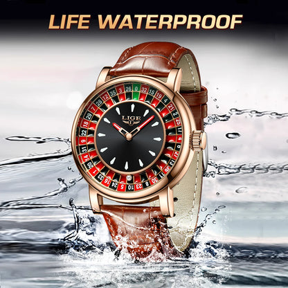 LIGE Fashion Brown Leather Men Watch Rotating Dial Las Vegas Roulette Desktop Theme Watch Men Waterproof Luminous Clock Watches