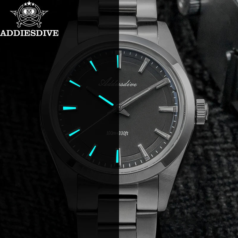 ADDIESDIVE Men's Dress Watch 36mm 10Bar Waterproof Stainless Steel BGW9 Super Luminous Quartz Movement with Bubble Mirror Glass