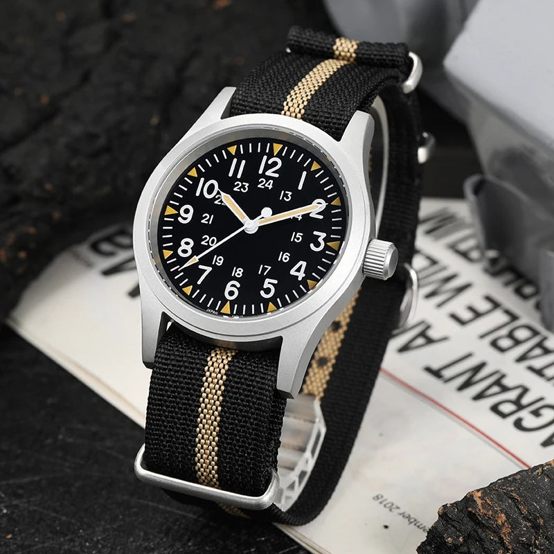 Militado ML05 38mm Military Field Watch - Sweep Quartz Movement Domed Sapphire Crystal 100M Waterproof Super Luminous Nylon Band Watch for Men