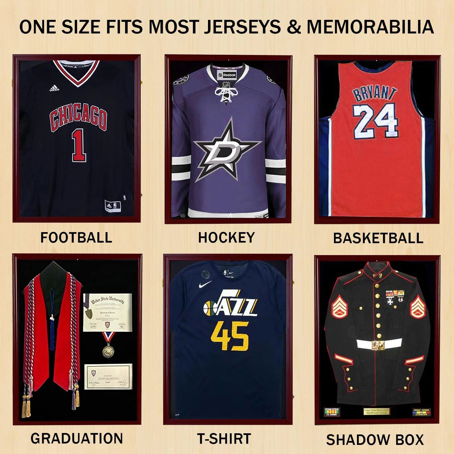 Football Baseball Basketball Hockey Jersey Display Case Frame,With UV Protection Acrylic Wood Hanger, Brown